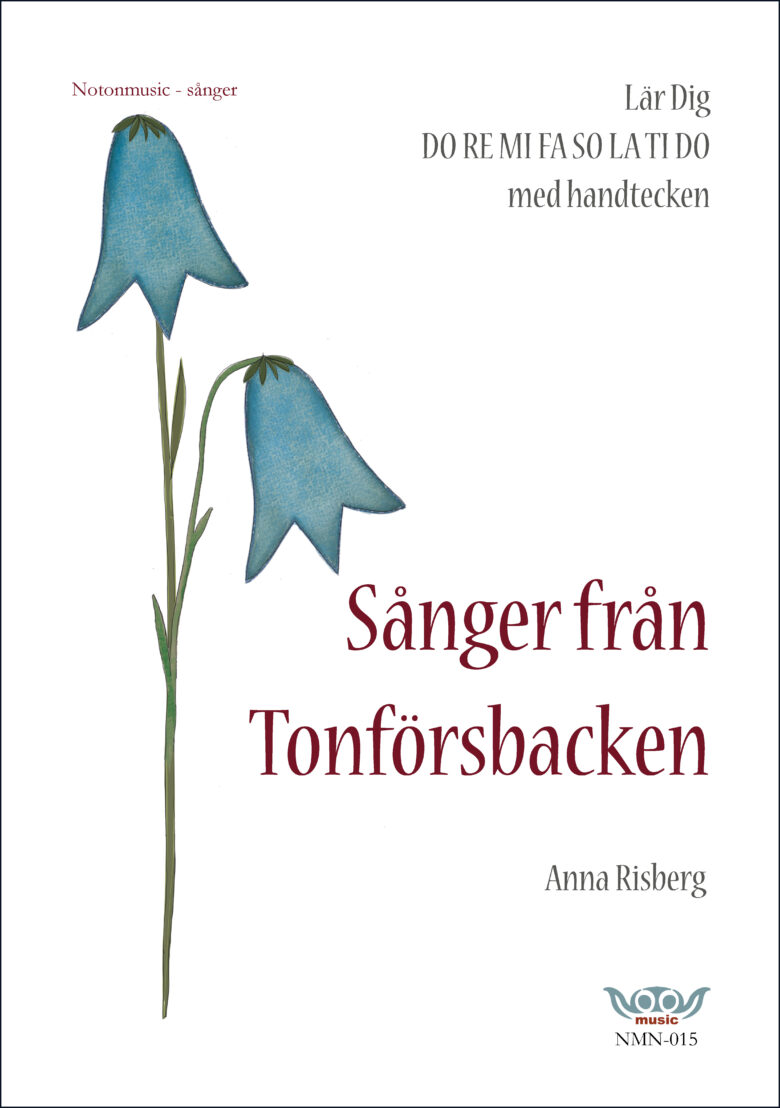 Nothäftets framsida. Stor tecknad blåklocka med två klockor till vänster i bild. Rubrik i rött: Sånger från Tonförsbacken. Anna Risberg. Övrig info i grått: Fyrstämmig kanon. Logga notonmusic i blått och rött.