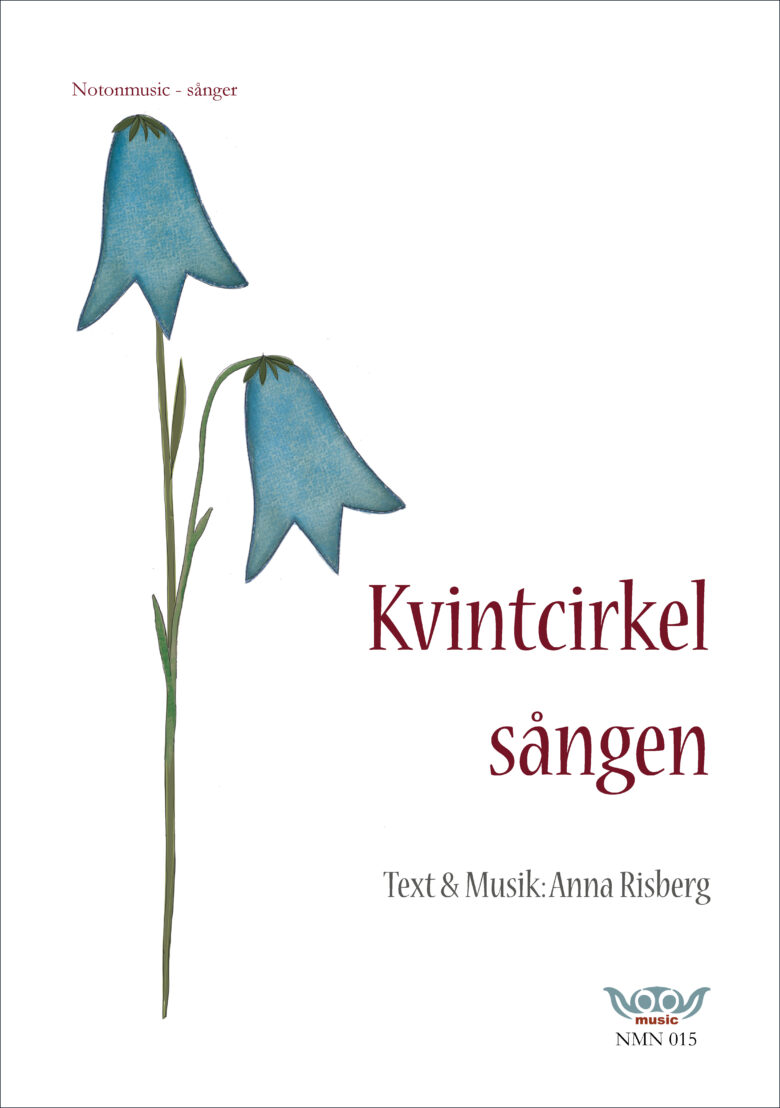Nothäftets framsida. Stor tecknad blåklocka med två klockor till vänster i bild. Rubrik i rött: Kvintcirkelsången. Text & Musik i grått: Anna Risberg. Logga notonmusic i blått och rött.